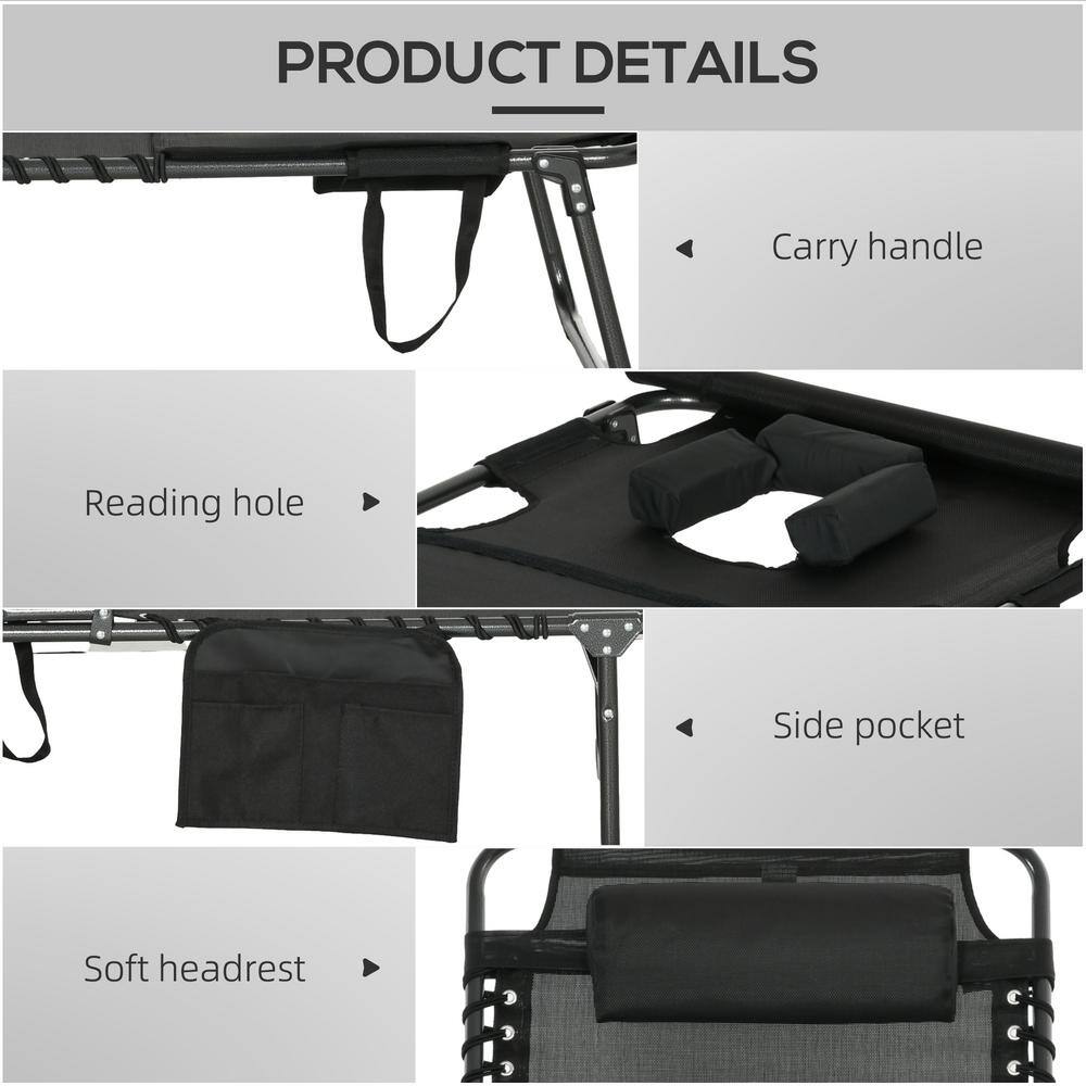 Black Mesh Folding Armless Outdoor Chaise Lounge with Pillow