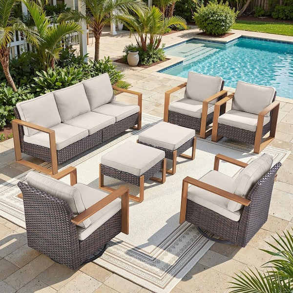Allcot Brown Wicker 7-Piece Patio Sofa Set Outdoor Deep Seating Conversation Set with Beige Cushions
