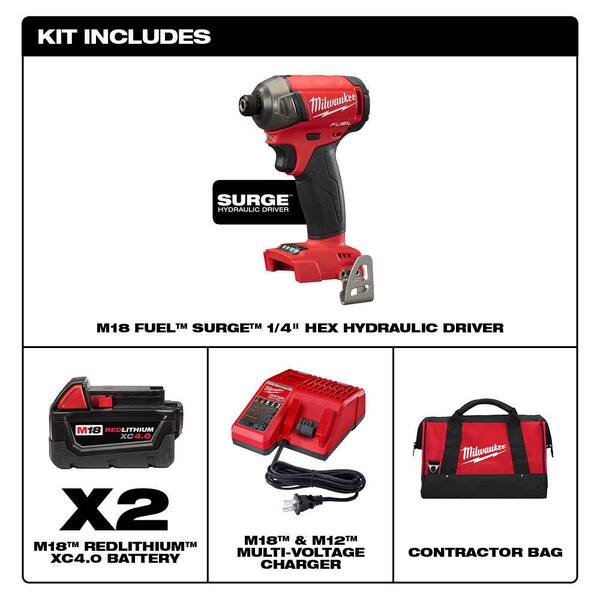 Milwaukee - M18 FUEL SURGE 18-Volt Lithium-Ion Brushless Cordless 1/4 in. Impact Driver Kit with Two 4.0 Ah Batteries, Charger & Bag