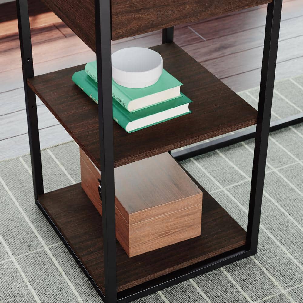Umber Wood L-Shaped Corner Desk with Drawers and Keyboard Tray