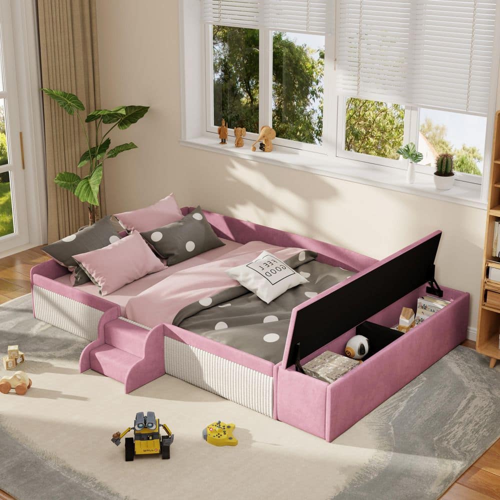 Velvet Upholstered Pink and White Full Size Low Profile Platform Bed with Storage Side Box and Small Staircase price history on PriceWatchPro