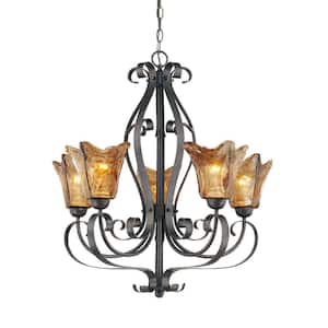 5-Light Burnished Gold Chandelier with Umber Swirl Glass