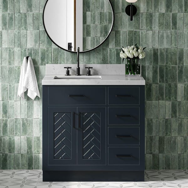 Herringbone 36 in. Single Sink Freestanding Bath Vanity in Midnight Blue with and Carrara Quartz Top
