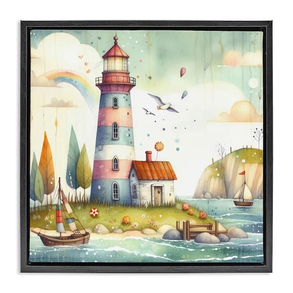Stupell Industries Lighthouse Cottage Scenery by LSR Design Studio Black Floater Frame Coastal Graphic Art Print 18 in. x 18 in.