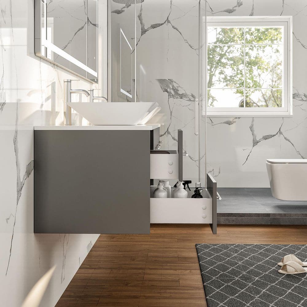 Gray Modern Double Sink Wall-Mount Bathroom Vanity with White Quartz Top