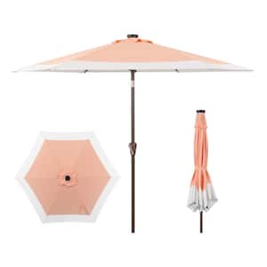 Spencer 9 ft. 2-Tone Solar LED Market Patio Umbrella with 12 LED Strip Lights, Auto-Tilt, and Crank in Coral Pink/White