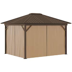 10 ft. x 12 ft. Outdoor Brown Hardtop Gazebo Metal Roof Patio Gazebo with Mesh Netting, Privacy Curtains