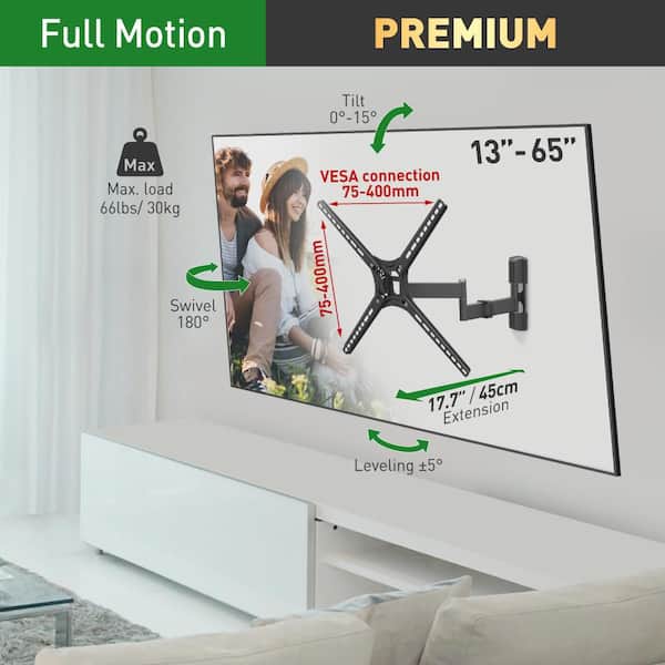 Barkan 29" to 56" Full Motion - 4 Movement Flat / Curved TV Wall Mount, Black, Patented, Touch & Tilt, Screen Leveling