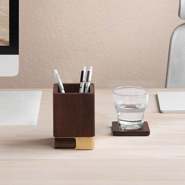 Solid Wood Pen Cup Holder with 2 Coasters