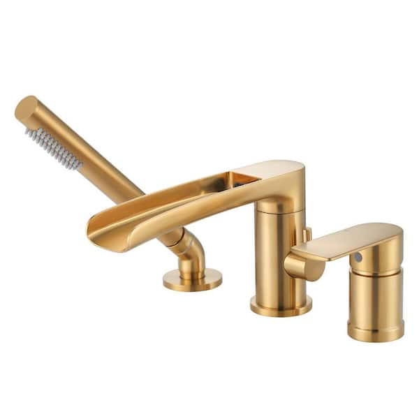 Single-Handle Deck-Mount Roman Tub Faucet with 360° Swivel Waterfall Tub Spout, Hand Shower with 59" Hose in. Gold