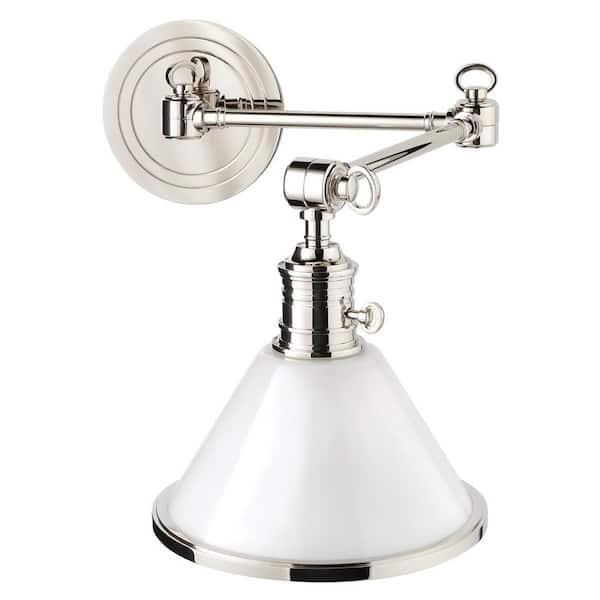 Fifth and Main Lighting Finney 5.5 in. Polished Nickel Swing Arm Wall Sconce with Opal Glossy Glass Shade