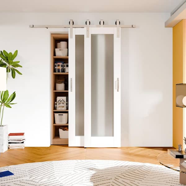 56 in. x 80 in. Full Lite Frosted Glass Solid Wood White Barn Door Slab with Full Bypass Hardware Kit