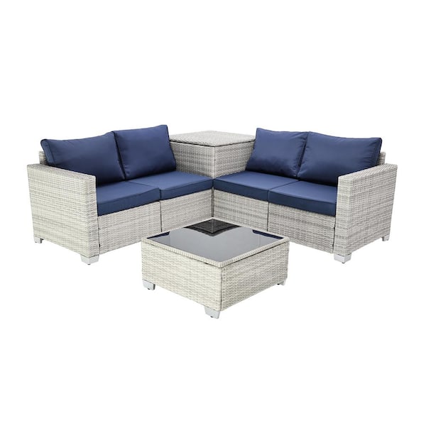 Unbranded 4-Piece Gray White Wicker Outdoor Sofa Sectional Set with Dark Blue Cushions, Large Space Storage Box
