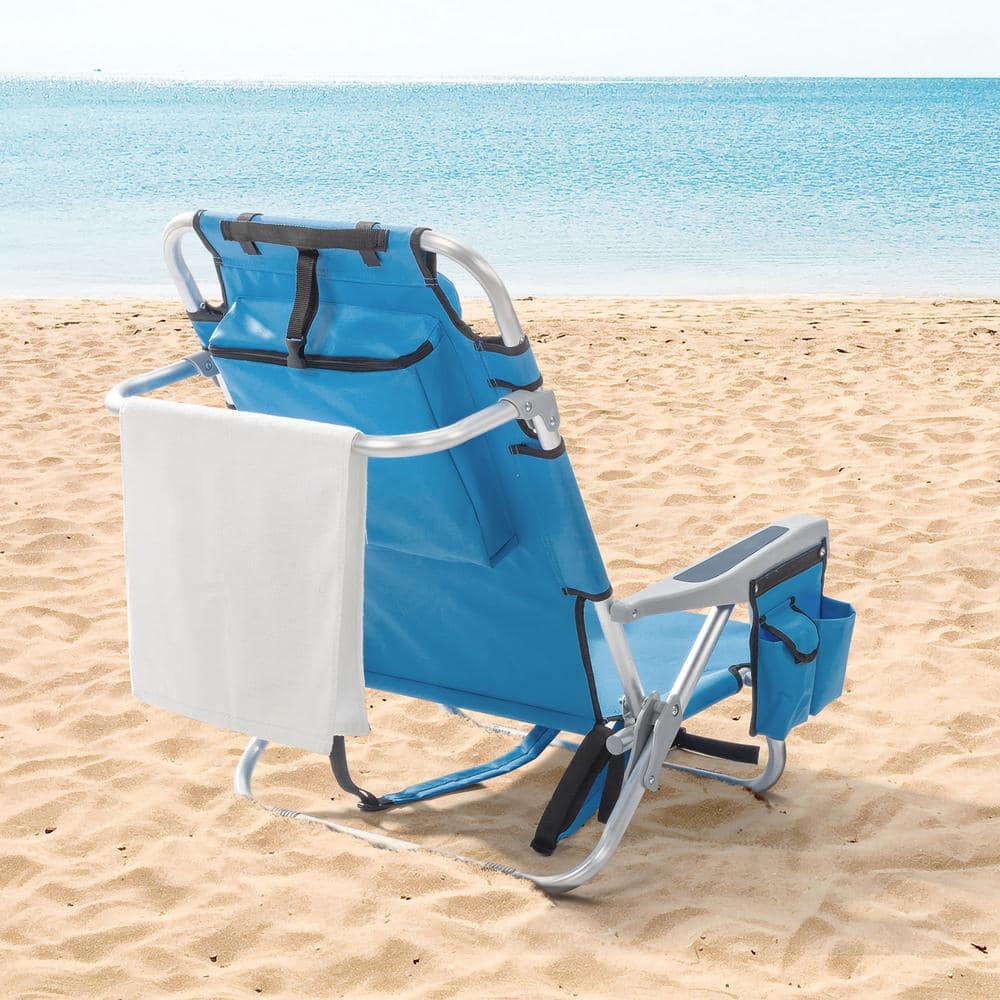 Blue Aluminum Folding Beach Chair with Armrest and Storage