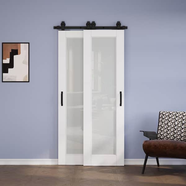 44 in. x 80 in. (Two 26 in.) Bypass Save Space 1 Lite Frosted Glass White Primed MDF Sliding Barn Door with Hardware Kit