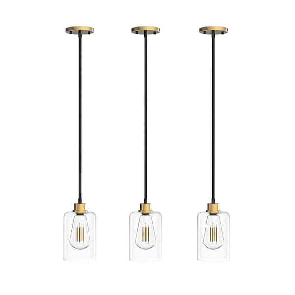 TOZING 1-Light Black Modern Industrial Mini Pendant Hanging Light Fixture with Seeded Glass Shade for Kitchen Island (3-Pack)