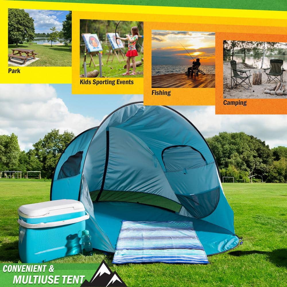 Blue 3-Person Pop-Up Beach Tent with UV Protection