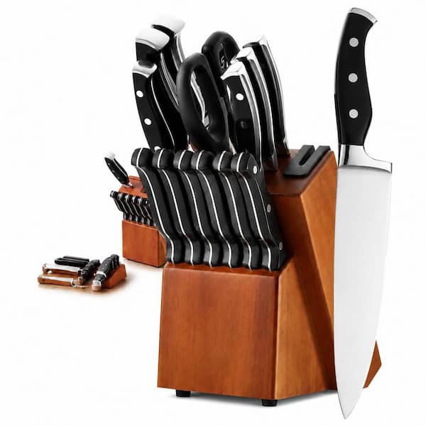15-Piece Stainless Steel German Kitchen Knife Set with Block Sharpener and Walnut Accent