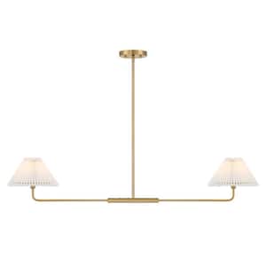 2-Light Natural Brass Minimalistic Linear Chandelier with White Pleated Fabric Shades