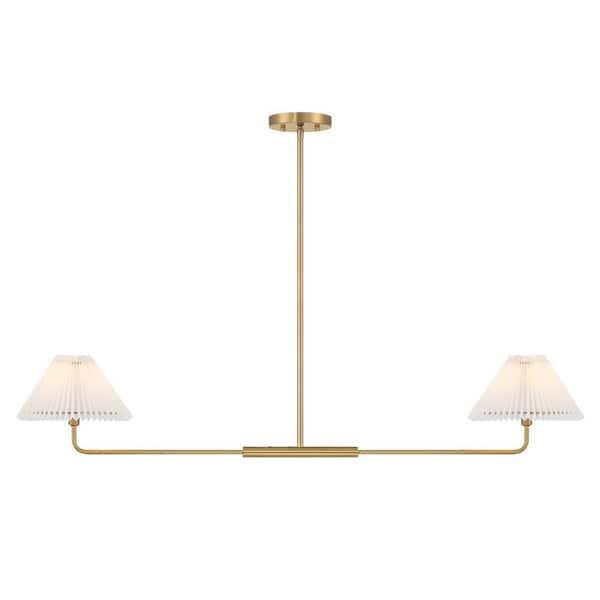 TUXEDO PARK LIGHTING 2-Light Natural Brass Minimalistic Linear Chandelier with White Pleated Fabric Shades