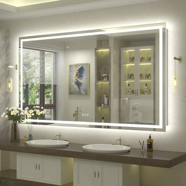 68 in. W x 38 in. H Rectangular Frameless Front and Back LED Lighted Anti-Fog Tempered Glass Wall Bathroom Vanity Mirror