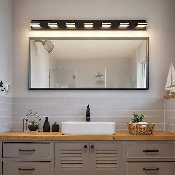 55 in. 7 Light Black Bathroom LED Vanity Light with 5-CCT Adjustable Switch and Acrylic Lampshade