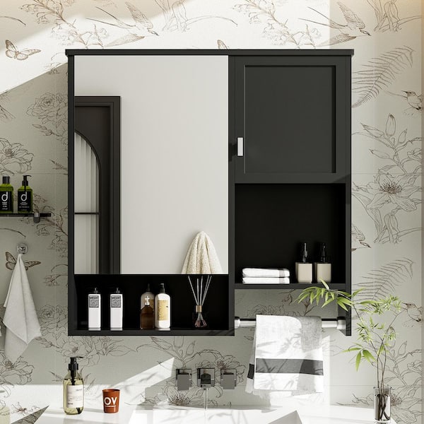 YSQCAR 29 in. W x 28 in. H Rectangular Black MDF Surface Mount Medicine Cabinet with Mirror, with Towels Bar