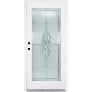 32 in. x 80 in. Right-Hand Inswing Full-Lite Scotia Decorative Glass WhiteFinished Fiberglass Prehung Front Door
