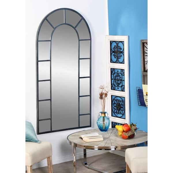 Litton Lane 60 in. x 32 in. Window Pane Inspired Arched Framed Black Wall Mirror with Arched Top