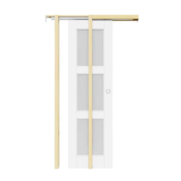 28 in. x 80 in. 3-Lite Glass White Primed Wood Sliding Pocket Door with Hardware (Soft Close+Round Silver Handle Incl)