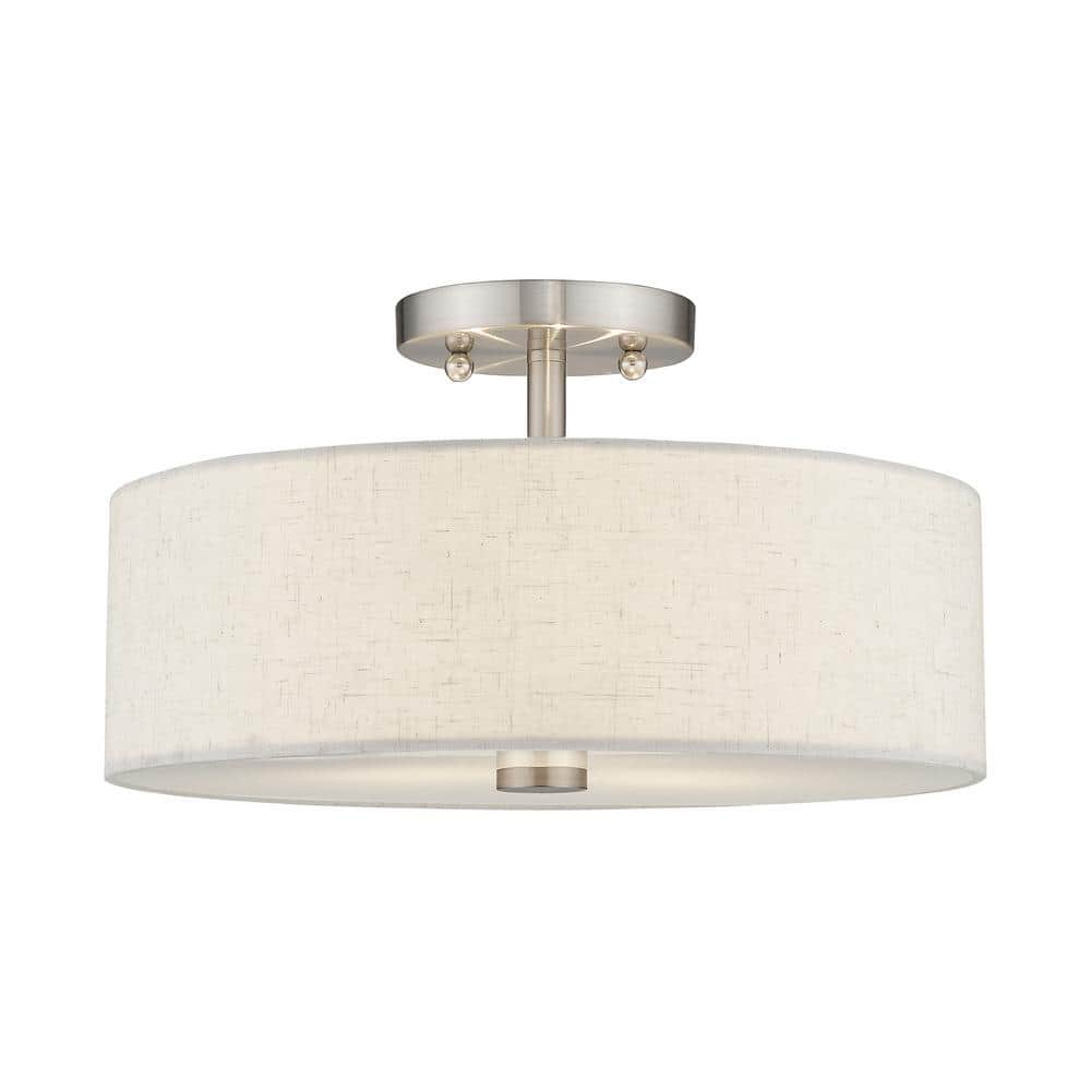 Elegant Meridian Brushed Nickel Drum Ceiling Light with Oatmeal Fabric Shade
