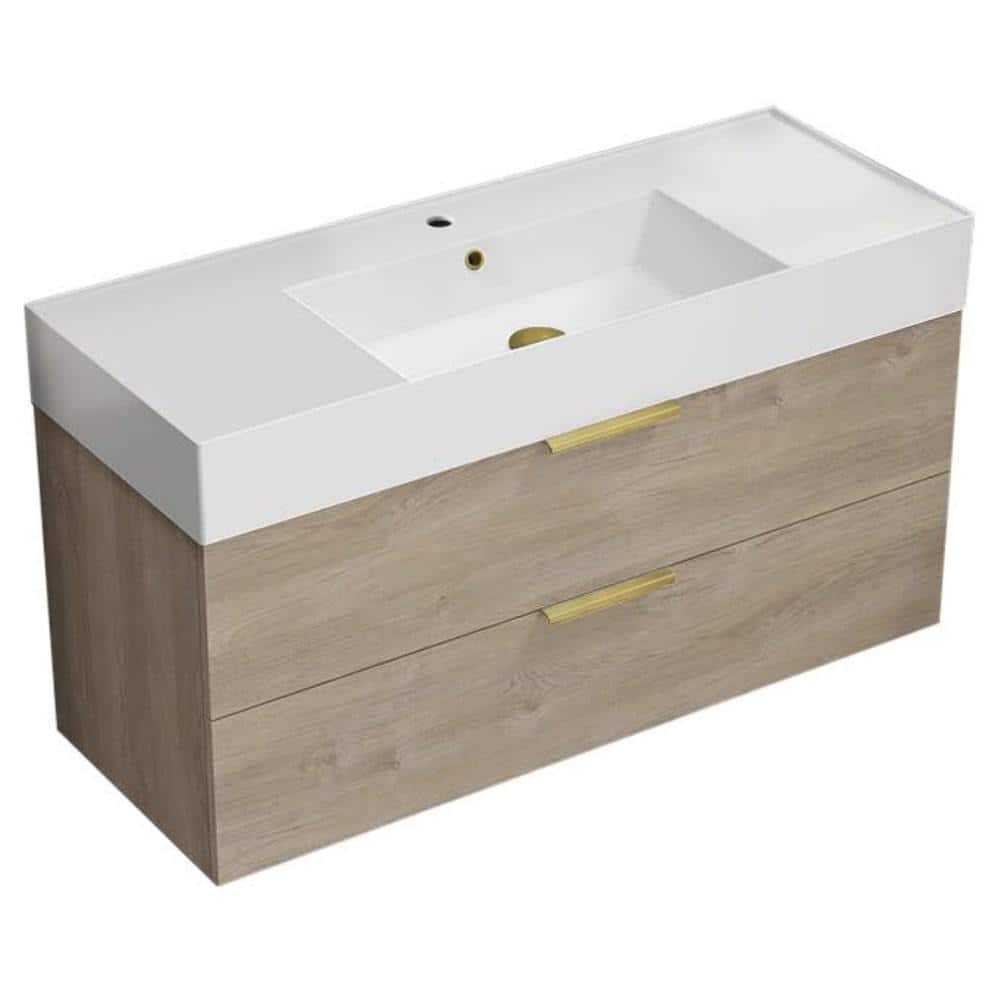 Derin 47.64 in. W x 18.11 in. D x 25.2 H Single Sink Wall Mounted Bathroom Vanity in Brown oak with White Ceramic Top price history on PriceWatchPro