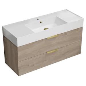 Derin 47.64 in. W x 18.11 in. D x 25.2 H Single Sink Wall Mounted Bathroom Vanity in Brown oak with White Ceramic Top