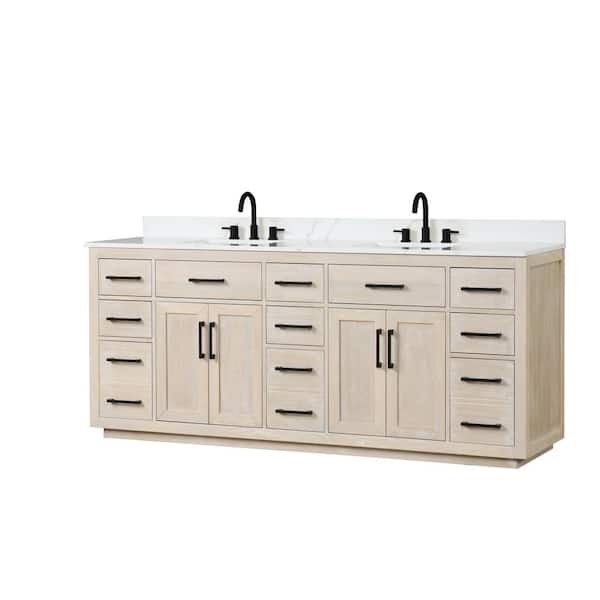 VANITYFUS Solid Wood 84 in. W x 22 in. D x 40 in. H Double Sinks Bath Vanity in Milk Oak with Carrara White Quartz Top