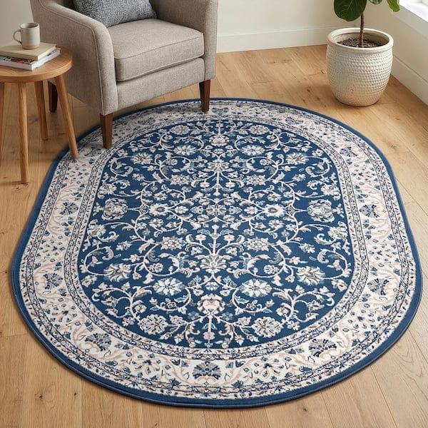 Madison Floral Dark Blue 5 ft. x 8ft. Oval Indoor Area Rug