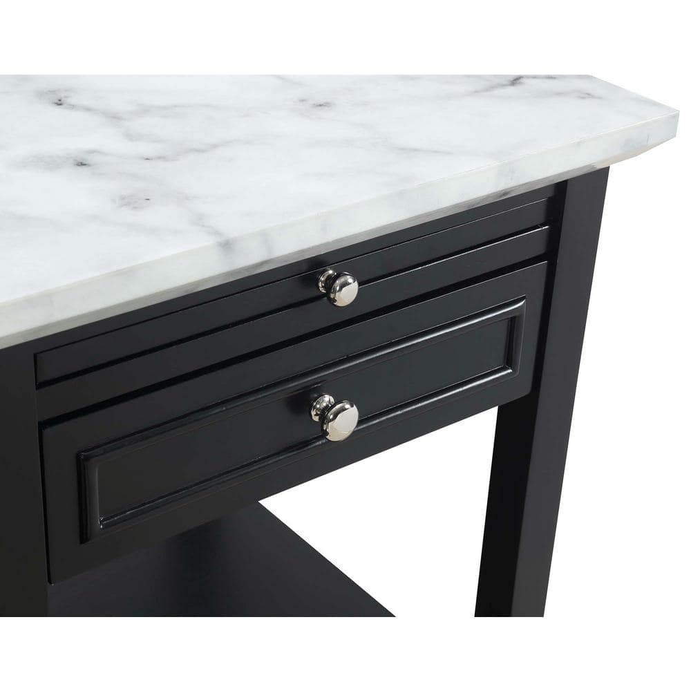 White Faux Marble and Black Wood End Table with Storage