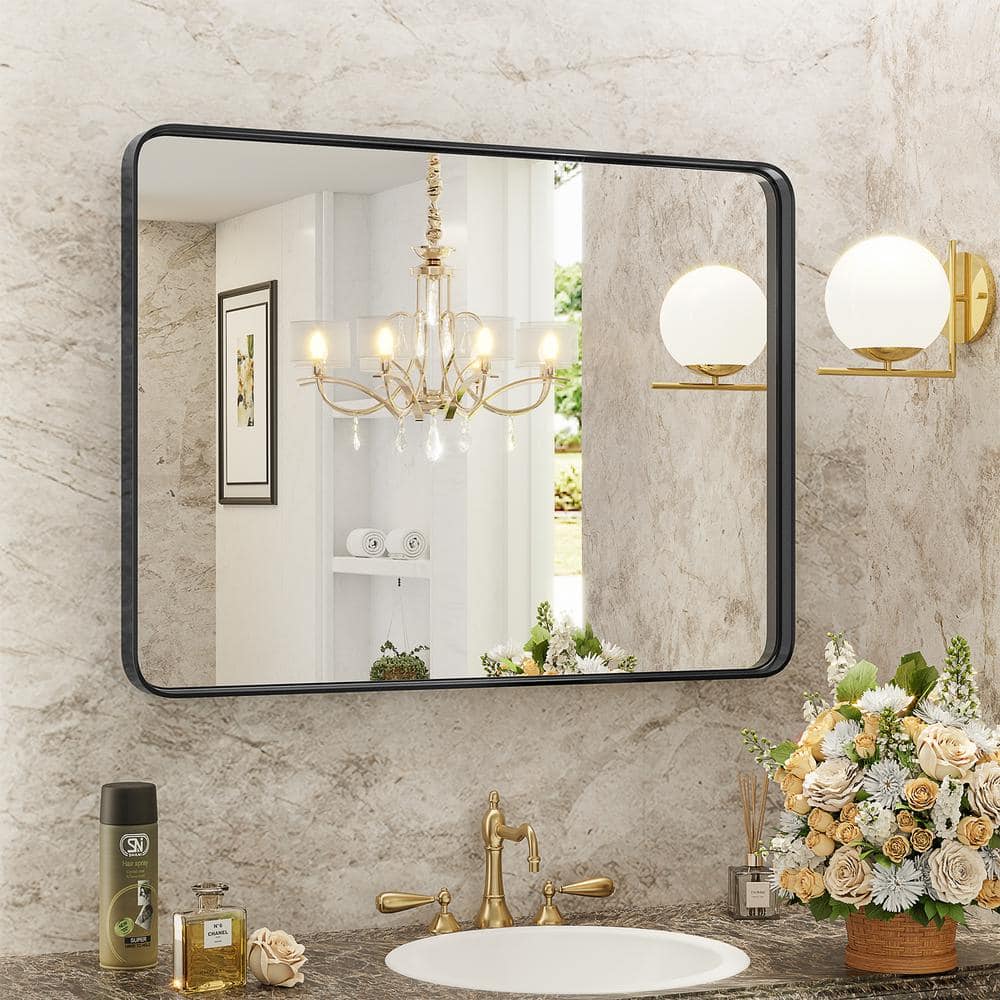 FIRNEWST Modern 40 in. W x 30 in. H Rectangle Black Framed Bathroom Vanity Mirror Wall Mirror