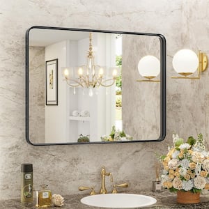 Modern 40 in. W x 30 in. H Rectangle Black Framed Bathroom Vanity Mirror Wall Mirror with Rounded Corners