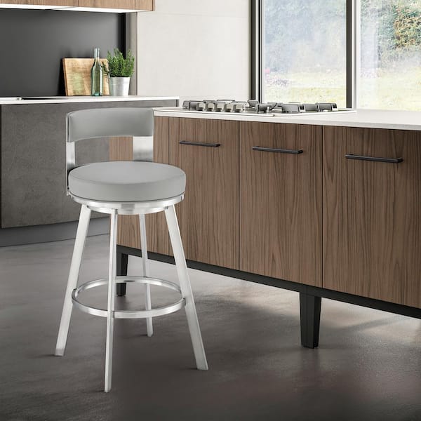Armen Living Flynn 30 in. Light Gray/Brushed Stainless Steel Low Back Metal Bar Stool with Faux Leather Seat