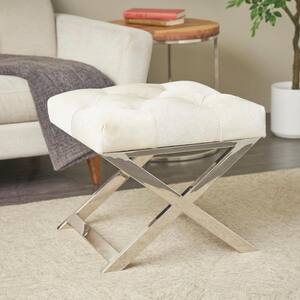 19 in. Light Gray Leather Tufted Stool with Angled Silver Metal Base