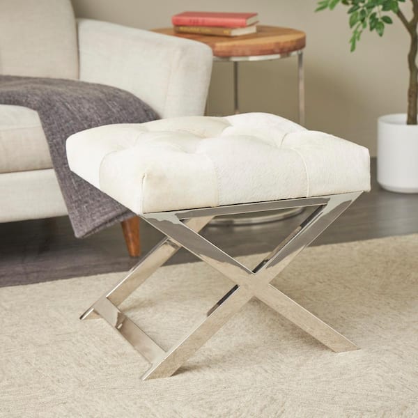 Litton Lane 19 in. Light Gray Leather Tufted Stool with Angled Silver Metal Base