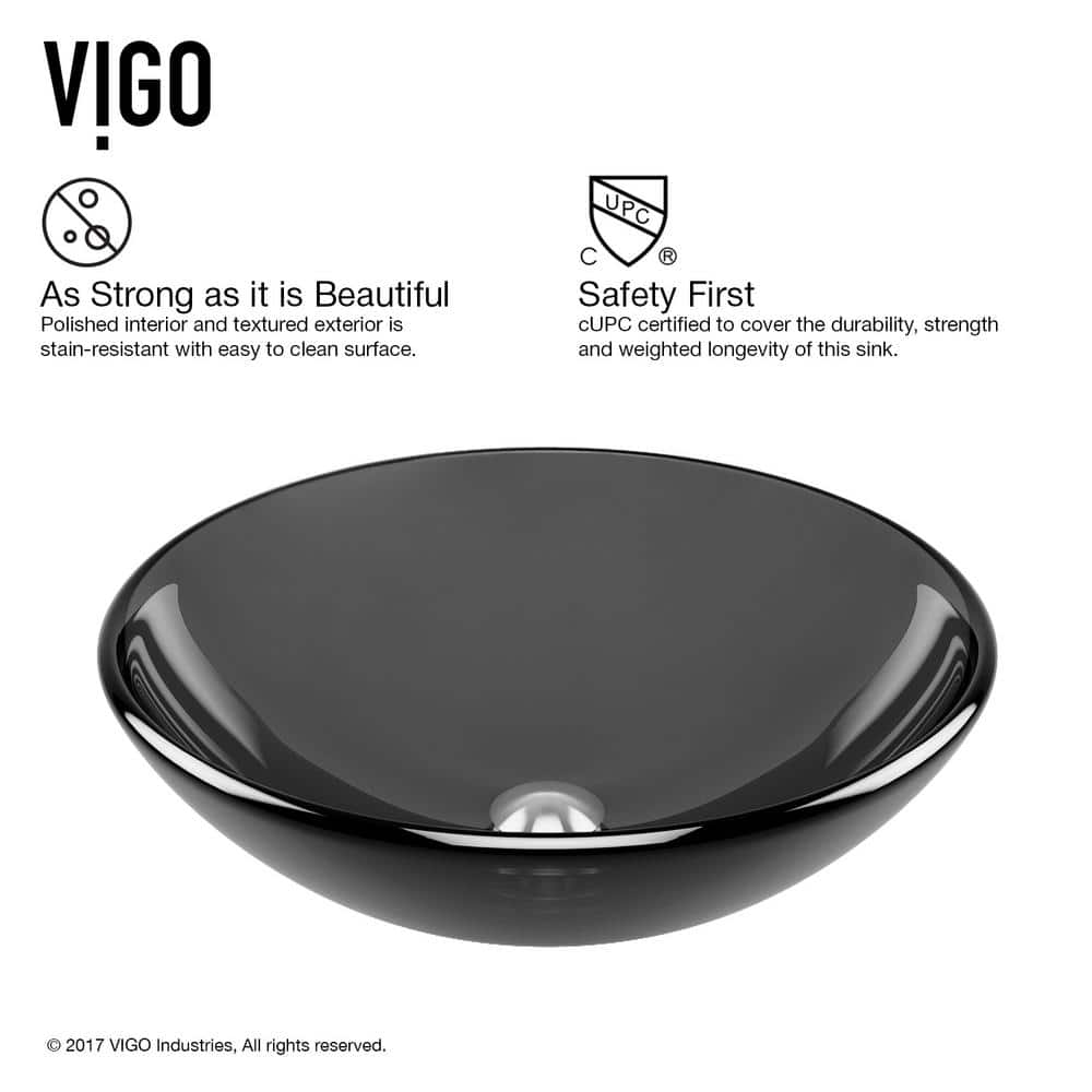 Sheer Black Glass Above-Counter Round Vessel Sink with Chrome Faucet