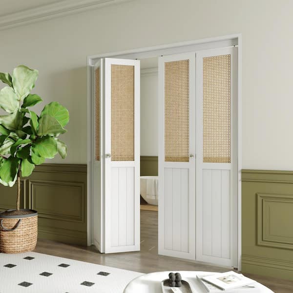 60 in x 80 in(Double 30"W Doors) Webbing & Wood, PVC Covering MDF, White Bi-fold Door with Hardware