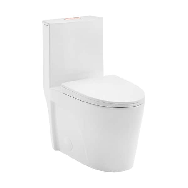 Swiss Madison St. Tropez 1-piece 1.1/1.6 GPF Dual Vortex Flush Elongated Toilet in Glossy White with Rose Gold Hardware, Seat Included
