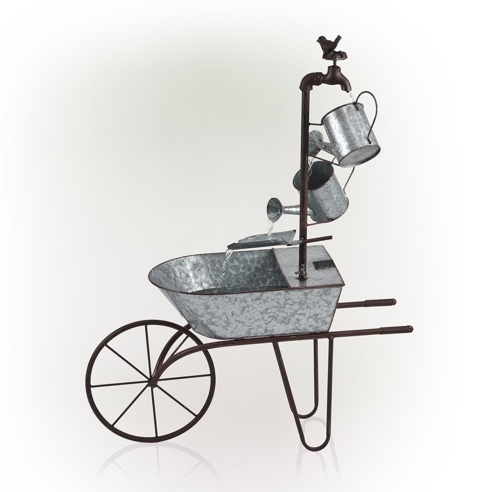 36" Silver Metal Wheelbarrow and Watering Can Fountain
