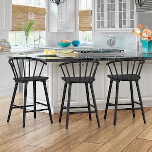 Winson Windsor 24 in. Black Solid Wood Bar Stool for Kitchen Island Counter Stool with Spindle Back Set of 3