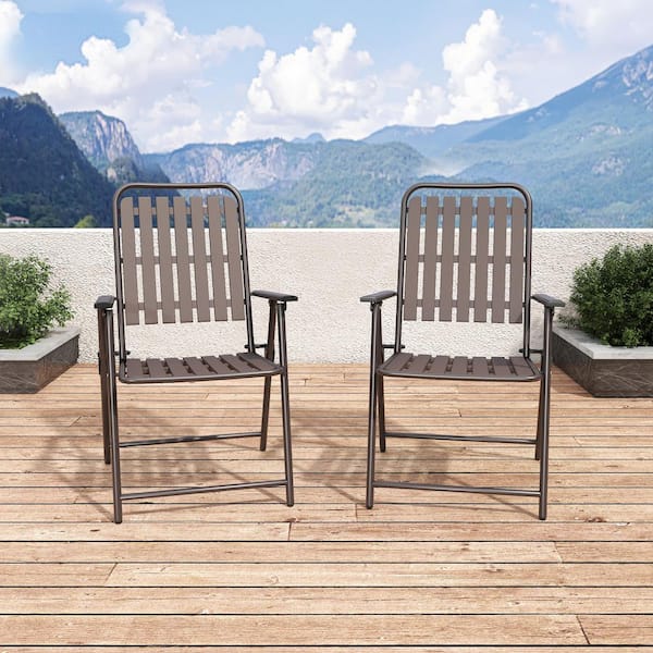 Melvior Antique Brown Metal Frame Outdoor Patio Folding Lawn Chairs, Rust Resistant (Set of 2)