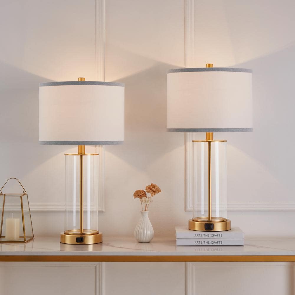 23.25" Clear Glass and Antiqued Brass Table Lamp Set with USB Ports