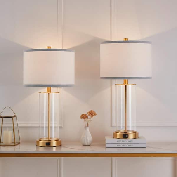 23 in. Clear Glass Antique Brass Table Lamp Set with Bulbs, Dual USB Ports, and AC Outlet (set of 2)