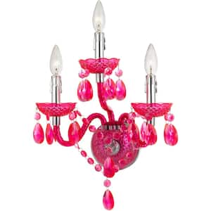 Hannah 3-Light Wall Sconce for Hardwire or Plug-In Installation, Chrome Finish and Faux Crystals, Hot Pink
